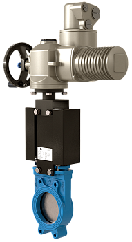 Задвижка шиберная VALSTOK VA-01-AUMA-NBR межфланцевая, корпус чугун, уплотнение одностороннее NBR, с электроприводом AUMA SA 380В, PN6 – PN10